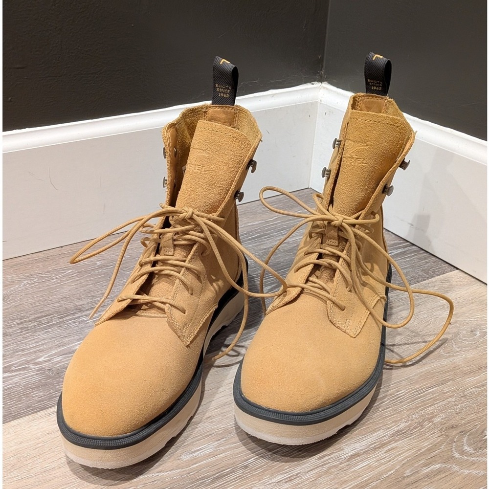 Sorel Hi-Line Lace Suede Platform Boots Tan Beige Geo Yellow/Jet Womens 10
